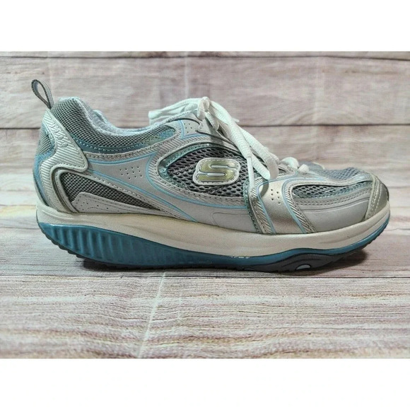 Skechers Shape Ups Women's Walking Toning Shoes Size 8 Gray Silver Blue Fitness - Picture 3 of 9